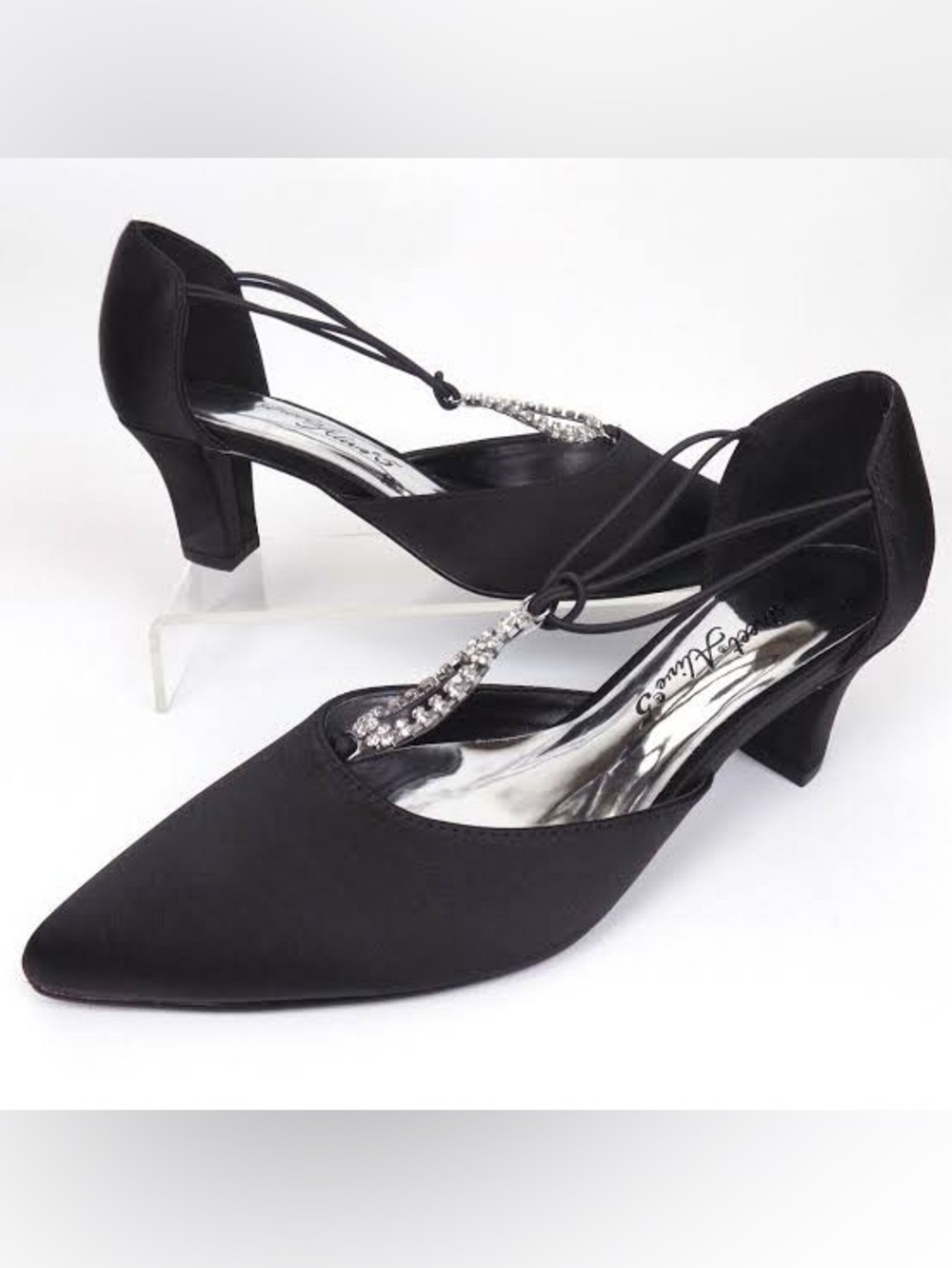 Easy Spirit Black Satin Pointed Heels with Crystal T-Strap Accent Size 10W